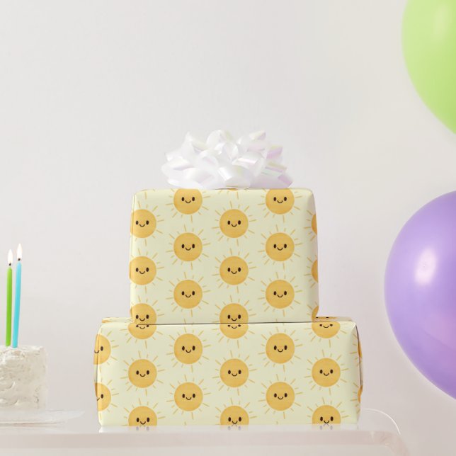 Papier Cadeau Simple Jaune Joyeux Sourire Motif soleil (Cadeaux de fête)