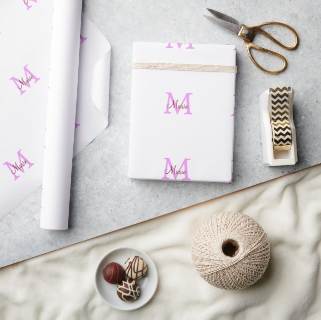 Papier Cadeau simple minimal ajouter nom monogramme rose rouge  (Artisanat)