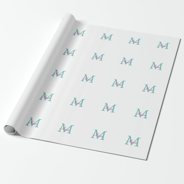 Papier Cadeau simple minimal ajouter nom monogramme vert rose bl (Déroulé)