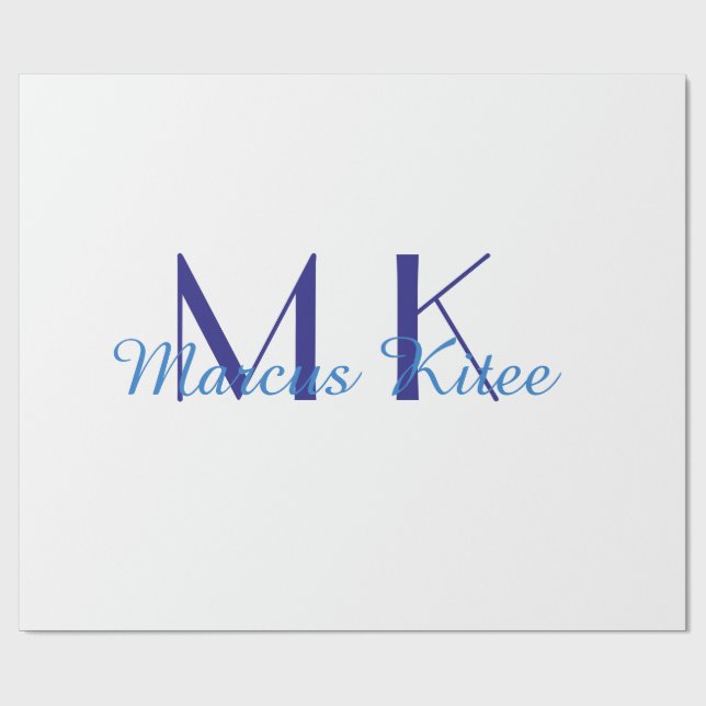 Papier Cadeau simple minimal monogram personalized name blue ret (Plat)