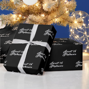 Papier Cadeau Simple moderne Sweet 16 Nom Noir Seize Nom