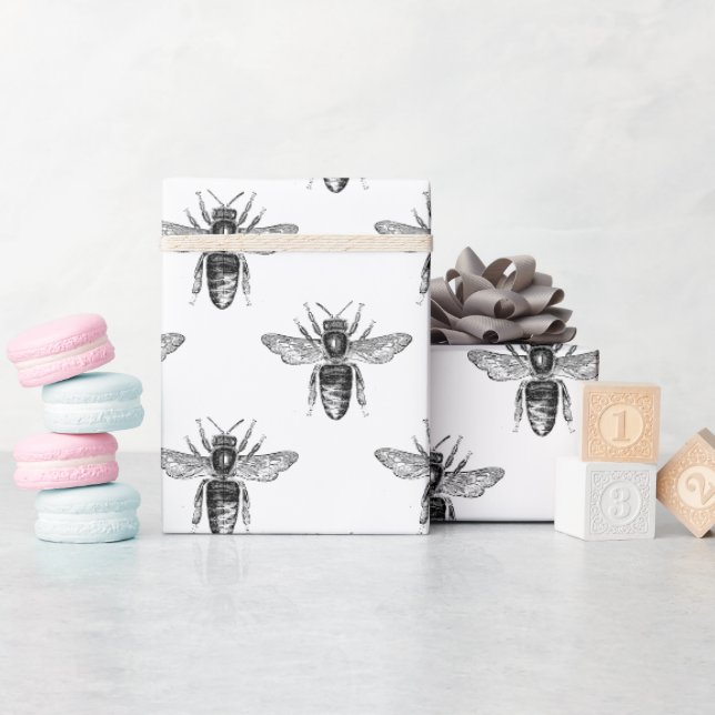 Papier Cadeau Simple Motif D'Abeille Noir Et Blanc (Baby Shower)