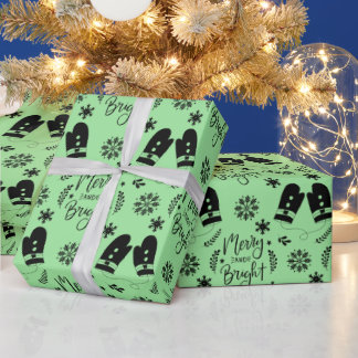 Papier Cadeau Simple Noël Vert Joyeux & Lumineux Mittens