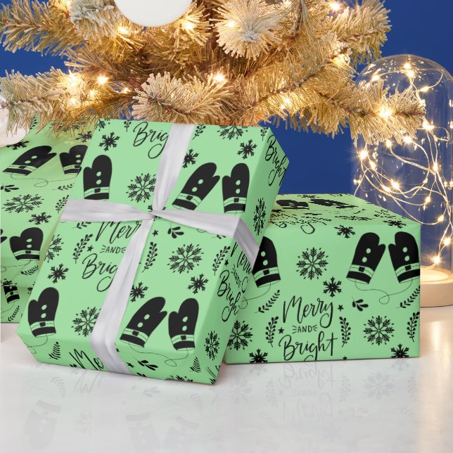 Papier Cadeau Simple Noël Vert Joyeux & Lumineux Mittens (Vacances)