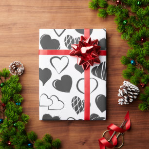Papier Cadeau Simple Noir et Blanc Coeurs Motif Noël