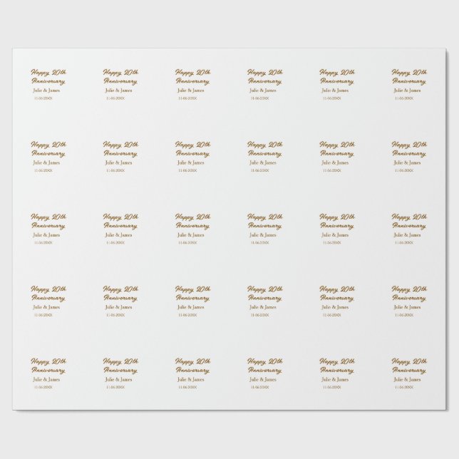 Papier Cadeau simple nom de dat20e anniversaire marron doré joye (Plat)