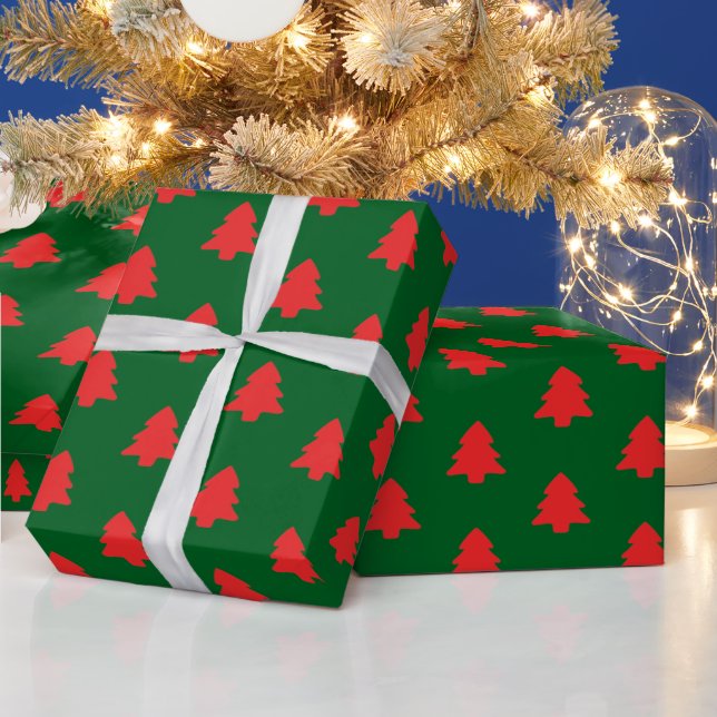 Papier Cadeau Simple Red Christmas Trees on Dark Green (Vacances)