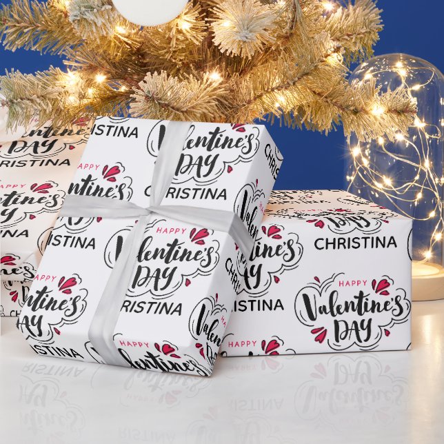 Papier Cadeau Simple Rouge et Blanc Joyeuse Saint-Valentin Nom  (Vacances)