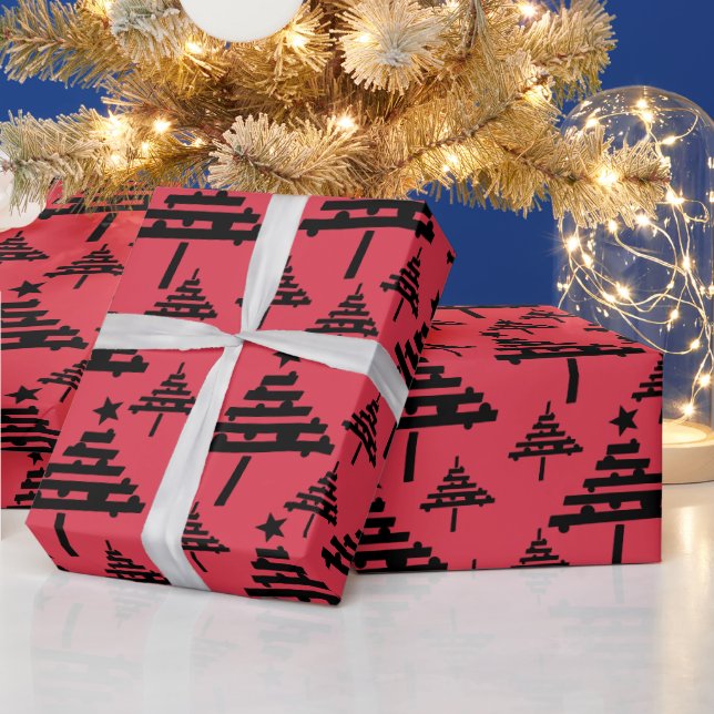 Papier Cadeau Simples Arbre de Noël Motif Black Red Holiday (Vacances)