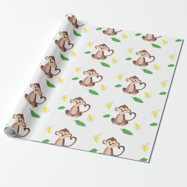 Papier Cadeau Singe Avec Banane Peint Motif Jaune Vert (Déroulé)