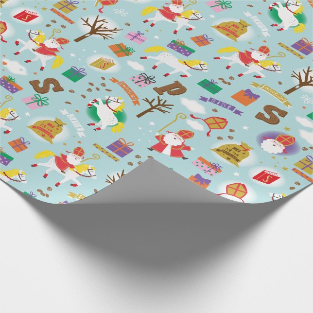 Papier Cadeau Sinterklaas avec cheval blanc, cadeaux et chocolat (Coin)