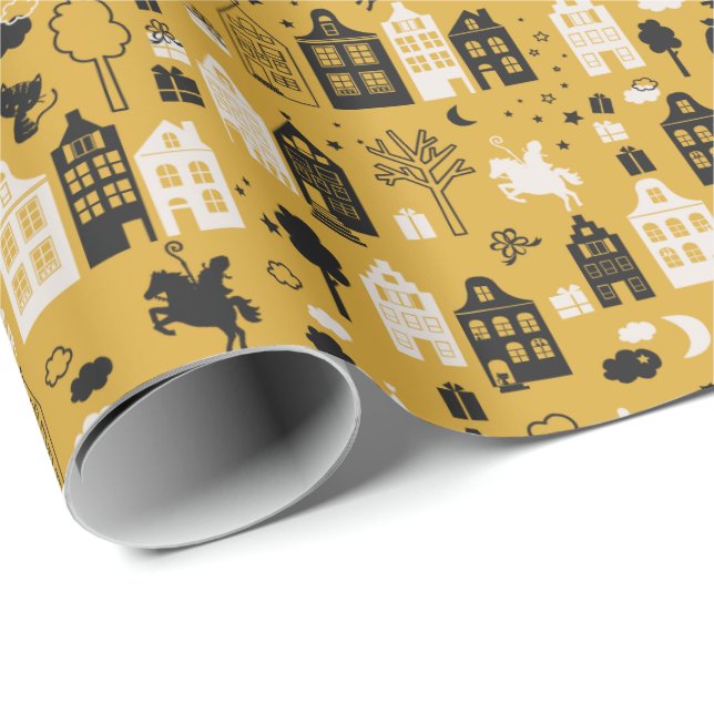 Papier Cadeau Sinterklaas met paard en huisjes oker (Coin rond)