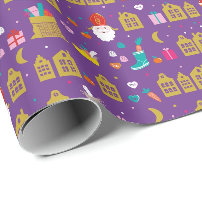 Papier Cadeau Sinterklaas rencontré huisjes, zak kadootjes en sn (Coin rond)