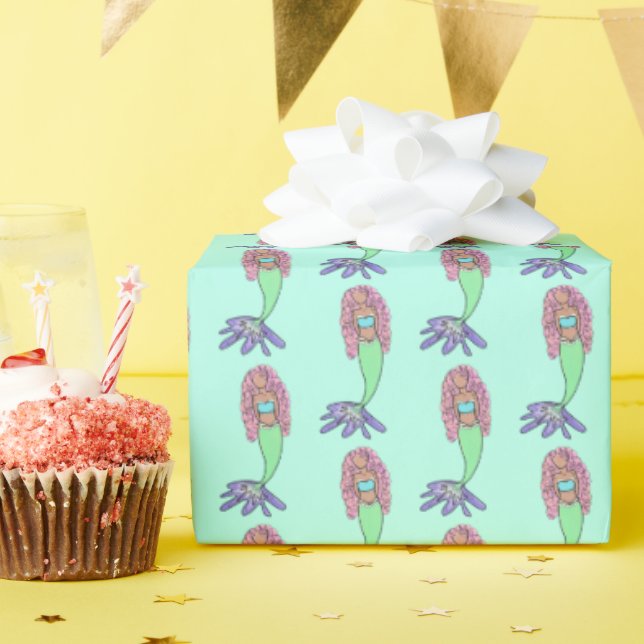 Papier Cadeau sirène arc-en-ciel rose bleu pourpre vert noir bou (Fête d'anniversaire)