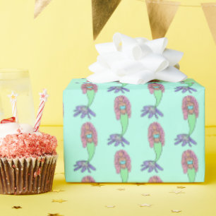 Papier Cadeau sirène arc-en-ciel rose bleu violet vert noir bouc