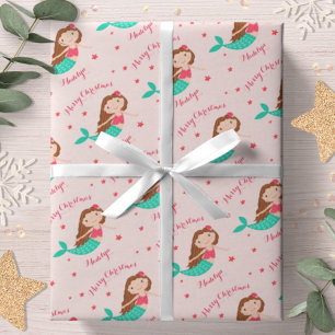 Papier Cadeau Sirène Noël rose pâle Personnalisé