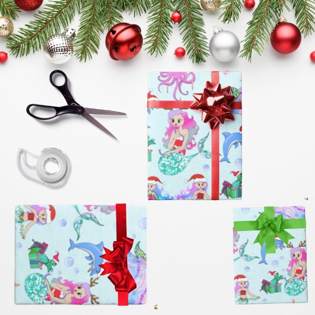 Papier Cadeau Sirènes Fêtant Noël Avec Des Amis (Créateur téléchargé)