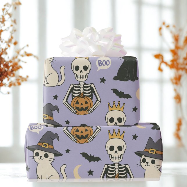 Papier Cadeau Skeletons d'Halloween violets, Chats de Sorcière e (Créateur téléchargé)