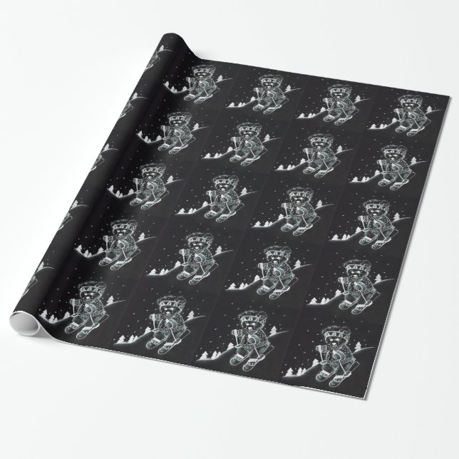 Papier Cadeau Ski de l'ours en noir et blanc (Déroulé)