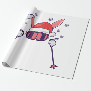 Papier Cadeau Ski Père Noël Rabbit avec Santa Hat et bâtons de s