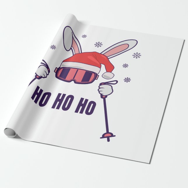 Papier Cadeau Ski Père Noël Rabbit avec Santa Hat et bâtons de s (Déroulé)