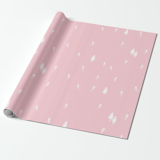 Papier Cadeau Skieurs alpins minimalistes Illustration rose (Déroulé)
