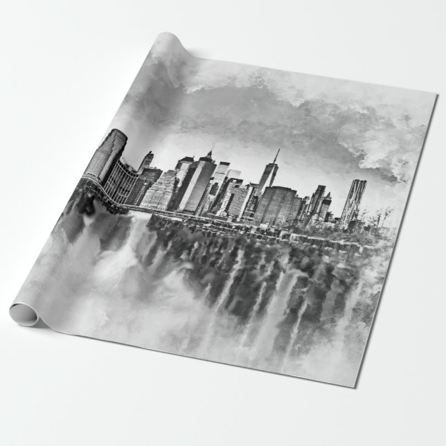 Papier Cadeau Skyline New York City Manhattan - noir et blanc (Déroulé)