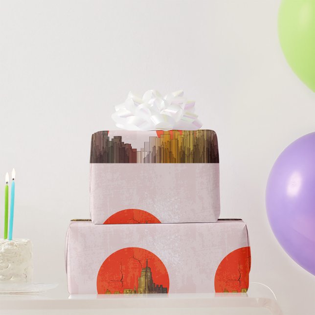 Papier Cadeau Skyline urbain avec Red Sun Grunge Cityscape (Créateur téléchargé)