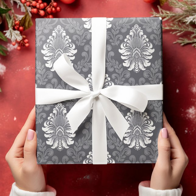 Papier Cadeau Sliver Floral Damask Fleur Motif gris sans joint (Créateur téléchargé)