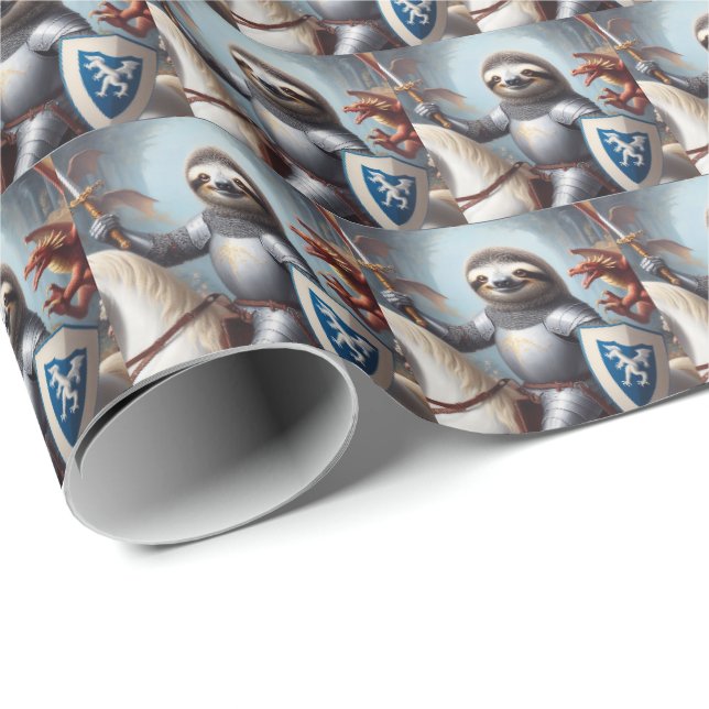 Papier Cadeau Sloth Knight Fighting Dragons (Coin rond)