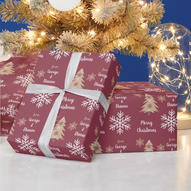Papier Cadeau Snowflake Holiday Tree Motif sur Maroon (Vacances)