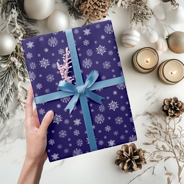 Papier Cadeau Snowflake Motif Noël Fête Marine Bleu (Snowflake pattern Blue Navy Holiday Christmas Wrapping Paper)