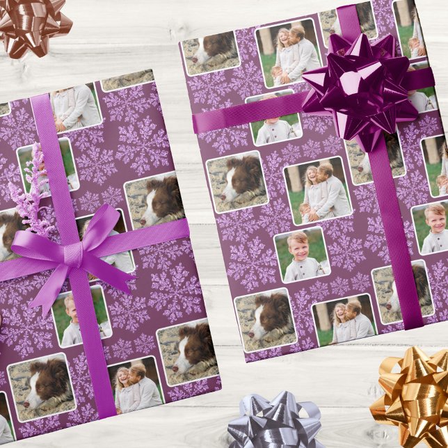 Papier Cadeau Snowflake Plum Bling 3 Photo Collage Noël (Add your photos to the picture collage design in dark purple for fun Christmas wrapping paper)