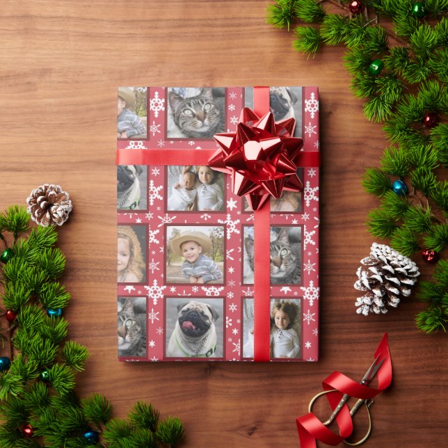 Papier Cadeau Snowflakes 5 Custom Family Photo Collage Red Easy (Cadeau de vacances)