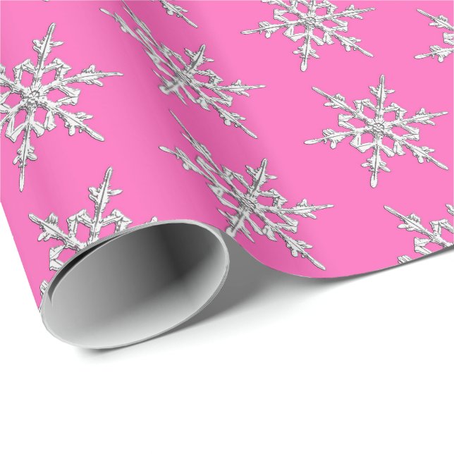 Papier Cadeau Snowflakes, cristaux d'argent sur rose fuchsia (Coin rond)