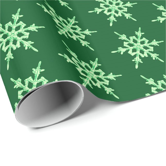 Papier Cadeau Snowflakes, cristaux vert pâle sur vert foncé (Coin rond)