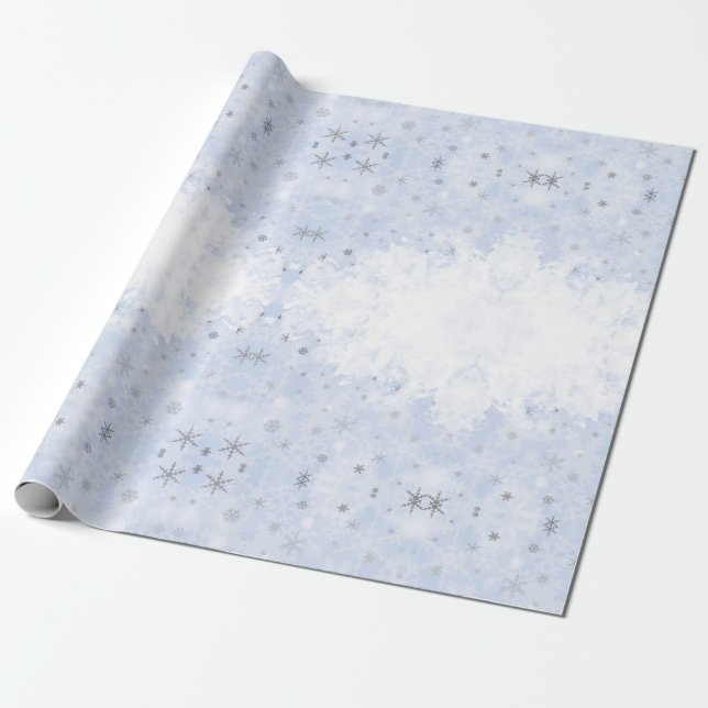 Papier Cadeau Snowflakes faux métal sur la couleur pastel bleu b (Déroulé)