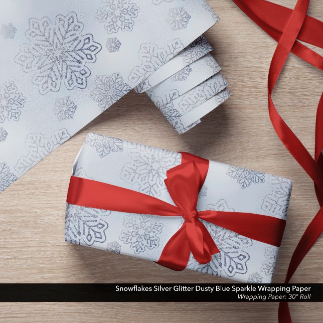 Papier Cadeau Snowflakes Parties scintillant argent Dusty Blue S (Snowflakes Wrapping Paper Silver Glitter/Dusty Blue Sparkle )