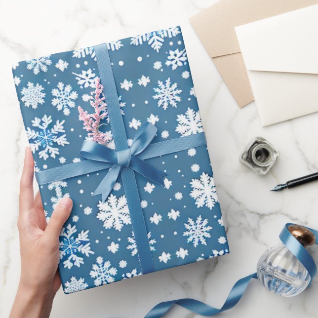 Papier Cadeau Snowflakes répétant le motif blanc bleu (Cadeaux)