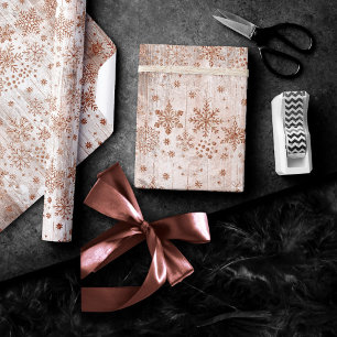 Papier Cadeau Snowflakes rustiques   Motif en bois or Rose cuivr