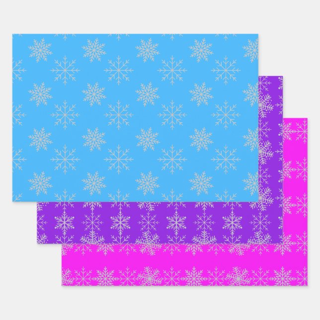 Papier Cadeau Snowflakes sur Bleu, Violet & Pink Feuille Set de  (Lot)