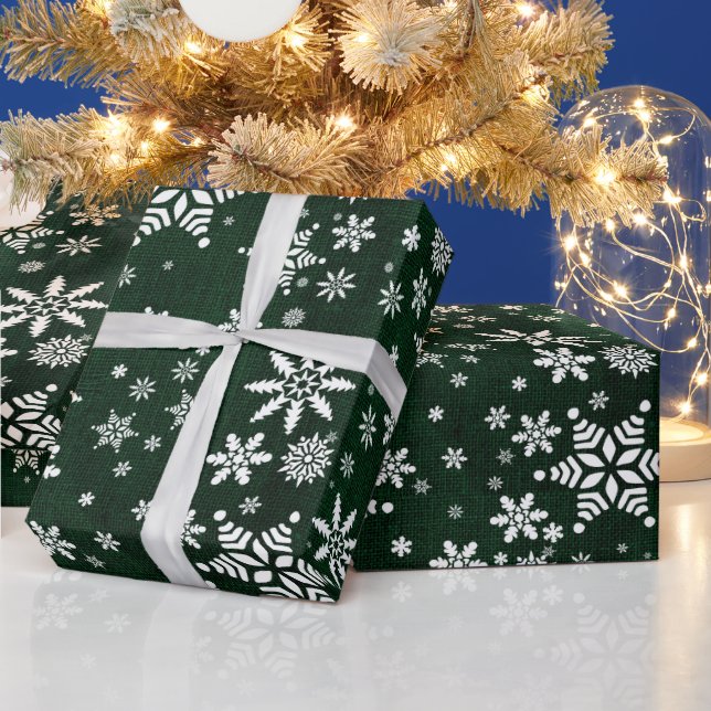 Papier Cadeau Snowflakes - Tissu de Burlap Vert foncé (Vacances)