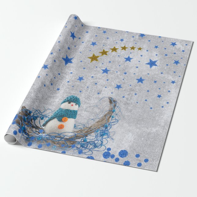 Papier Cadeau Snowman aux étoiles bleues étincelantes (Déroulé)