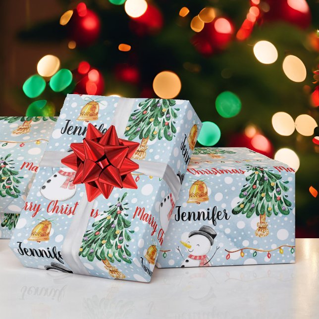 Papier Cadeau Snowman mignon Motif de Noël Personnaliser le nom (Créateur téléchargé)