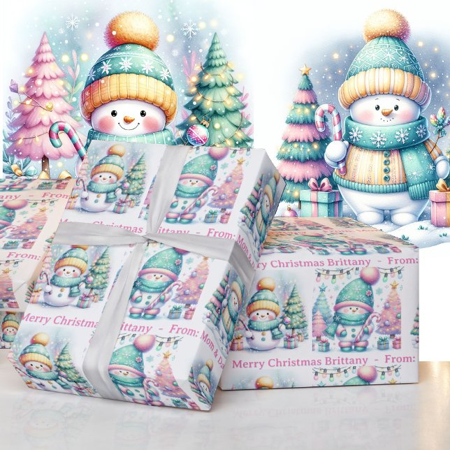 Papier Cadeau Snowman Personnaliser Nom rose Fille Noël (Créateur téléchargé)