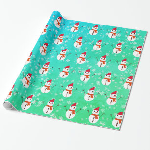 Papier Cadeau Snowman vert et bleu avec neige Noël