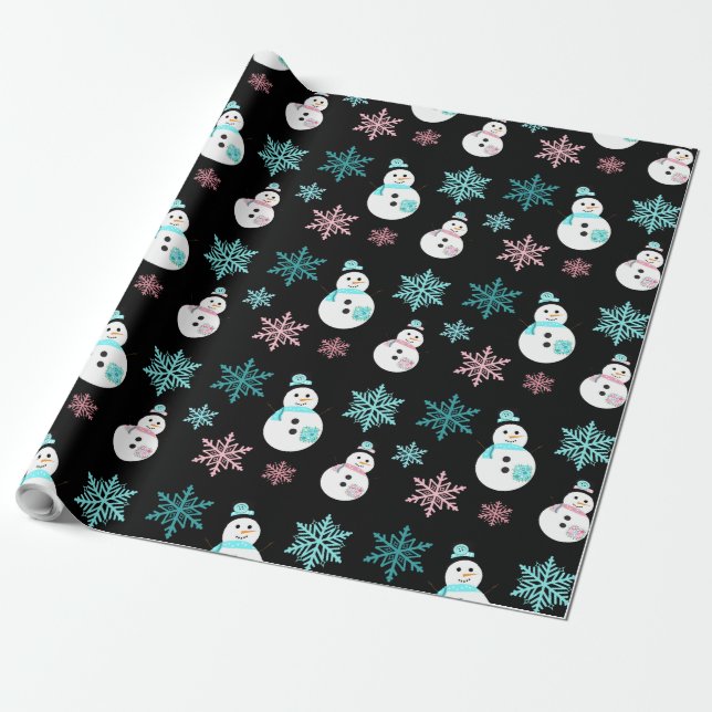 Papier Cadeau Snowmen et Snowflakes Noël Turquoise et rose (Déroulé)