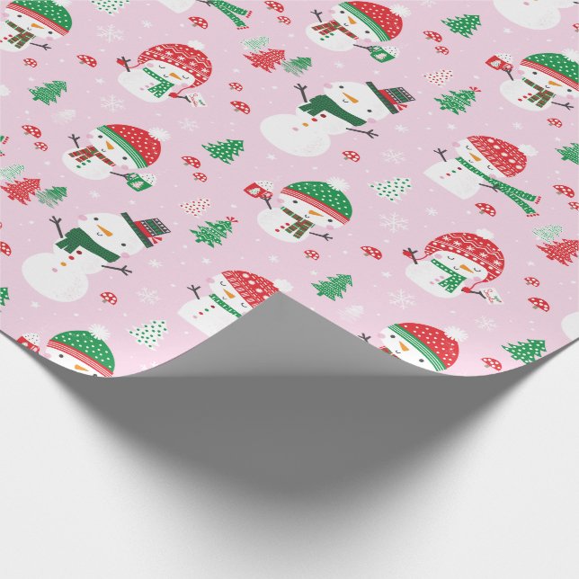 Papier Cadeau Snowmen mignon avec xmas sur rose clair (Coin)