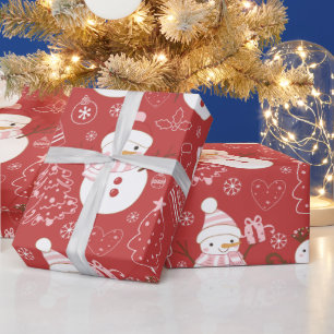 Papier Cadeau Snowmen Noël Arbres Coeurs Cadeaux Noël Rouge