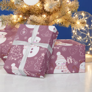 Papier Cadeau Snowmen Noël Arbres Coeurs pourpres Noël